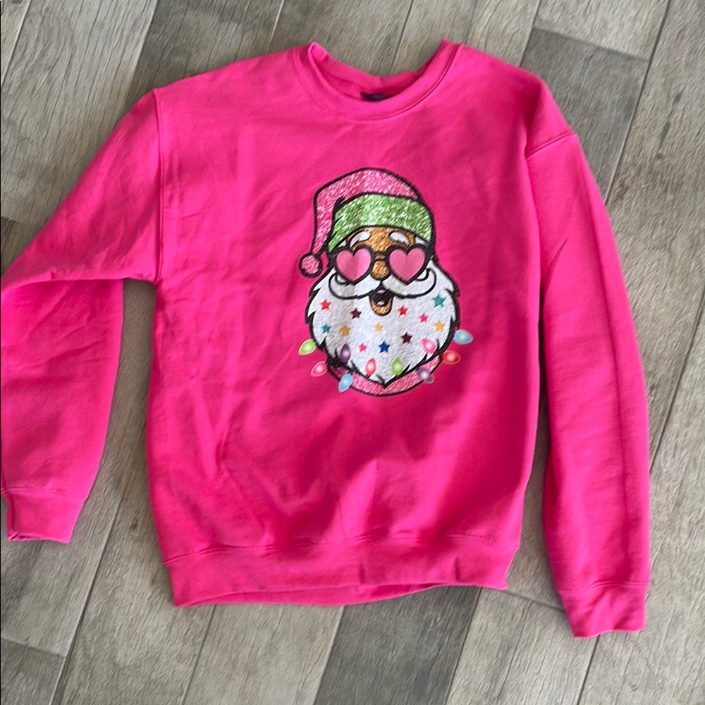 Gildan Pink Long Sleeve Tee with Santa Design